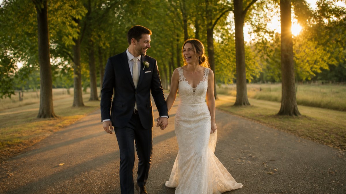 Newlywed camera-shy couples laughing while walking hand in hand down a sunlit tree-lined path at golden hour